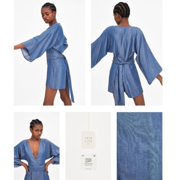 ❤SOLD❤ ZARA // CHAMBRAY BELTED KIMONO ROMPER - Picture 4 of 8